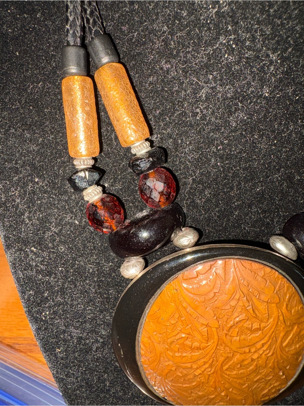 Boho Carved Amber Pendant Necklace - Orange. 10 3/4 inches - Picture 3 of 8